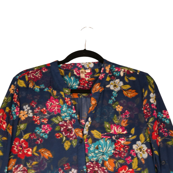 Kut From The Kloth Blouse Womens Large Blue Floral Sheer Roll Tab Sleeves Boho - Picture 3 of 13